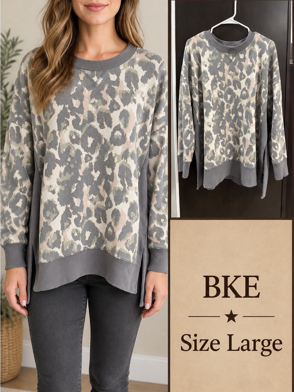 BKE Gray and Cream Leopard-Print Pullover Sweatshirt